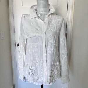 Sundance White Embroidered Patchwork Button-Up Eyelet Hi-lo Shirt Sz M